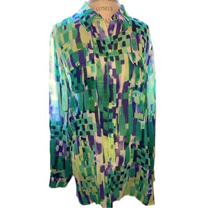 2/$30 Tanjay Green Blue Square Block Pattern Sheer Button Down Blouse